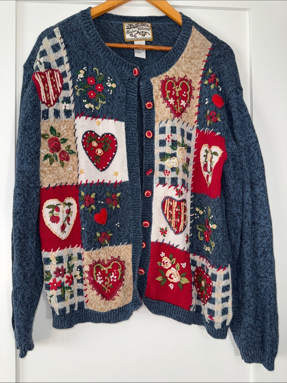 Heirloom Collectibles Women's Patchwork Heart Cardigan Valentines Day Sz XL